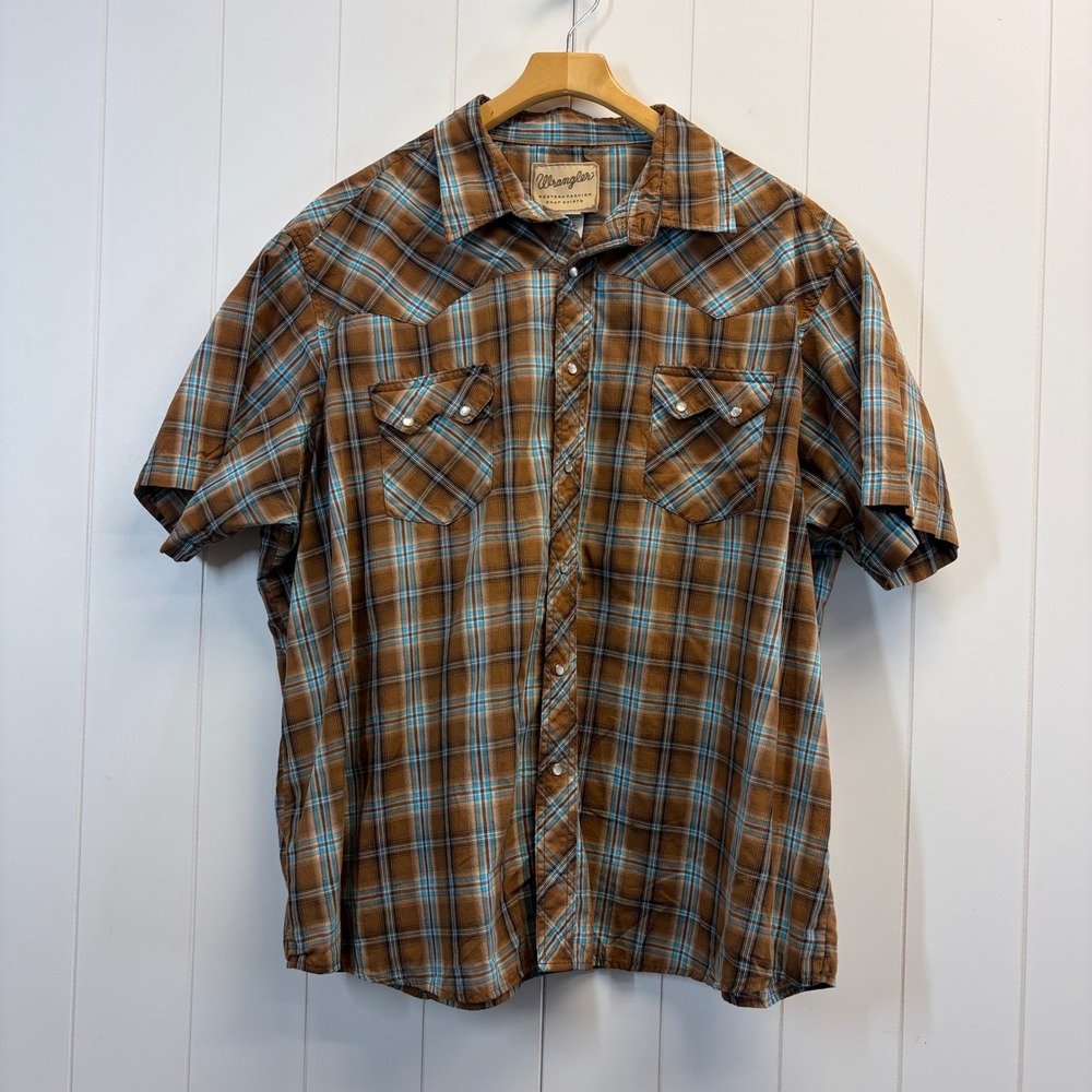 Vintage Wrangler Western Snap Plaid Short Sleeve Shirt Men Size 3XL Cowboy Rodeo